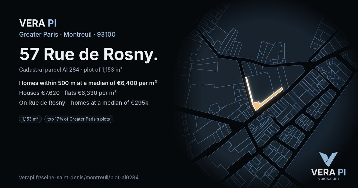 57 Rue de Rosny, Montreuil at night – the plot lit, the parcels around coloured by the prices near them
