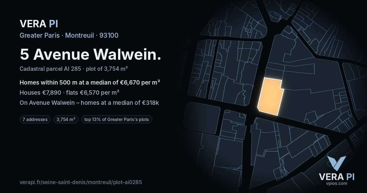 5 Avenue Walwein, Montreuil at night – the plot lit, the parcels around coloured by the prices near them