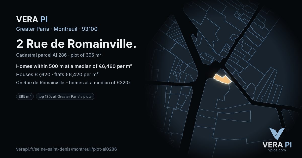 2 Rue de Romainville, Montreuil at night – the plot lit, the parcels around coloured by the prices near them
