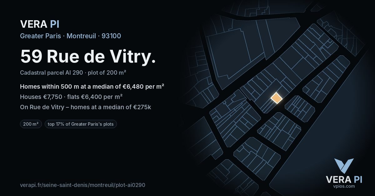 59 Rue de Vitry, Montreuil at night – the plot lit, the parcels around coloured by the prices near them