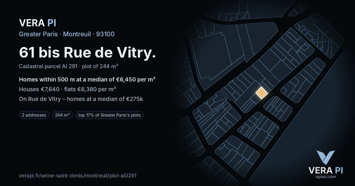 61 bis Rue de Vitry, Montreuil at night – the plot lit, the parcels around coloured by the prices near them