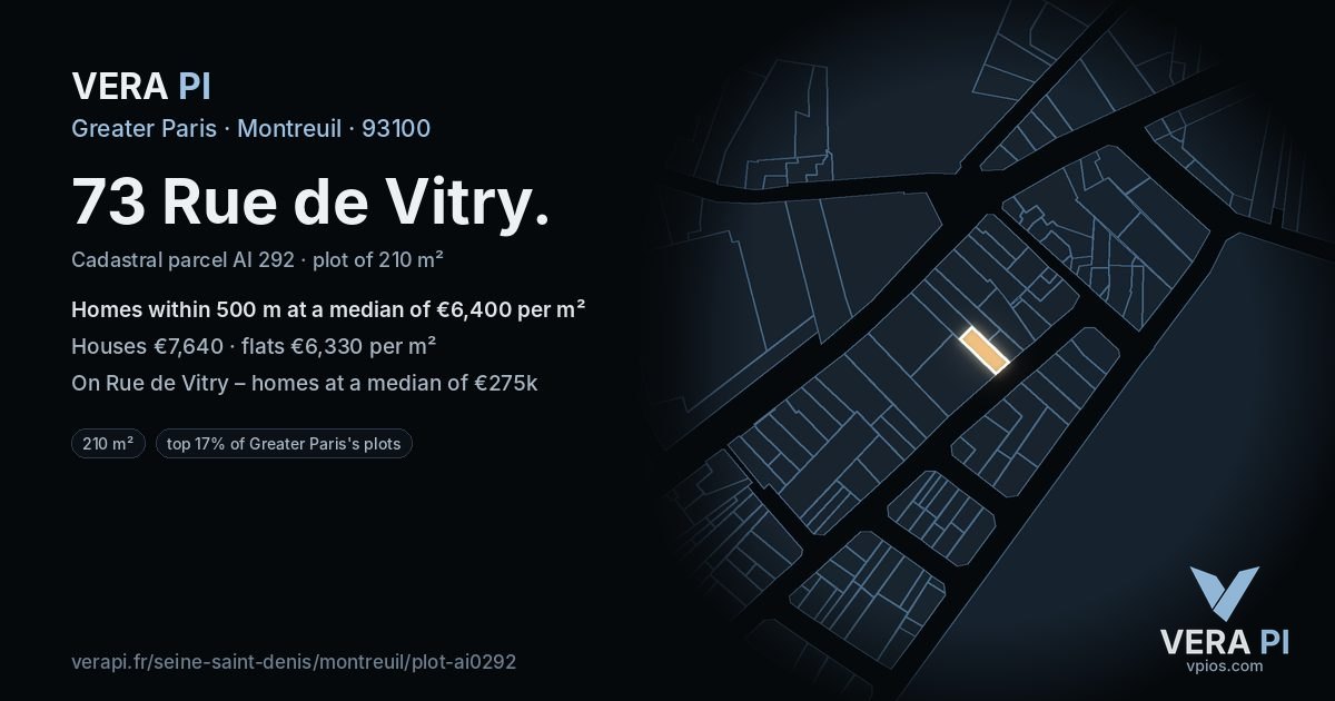 73 Rue de Vitry, Montreuil at night – the plot lit, the parcels around coloured by the prices near them