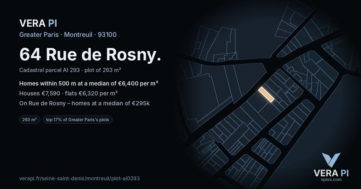 64 Rue de Rosny, Montreuil at night – the plot lit, the parcels around coloured by the prices near them