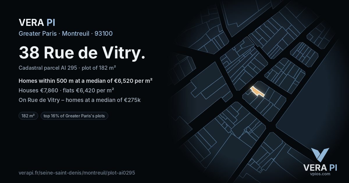 38 Rue de Vitry, Montreuil at night – the plot lit, the parcels around coloured by the prices near them