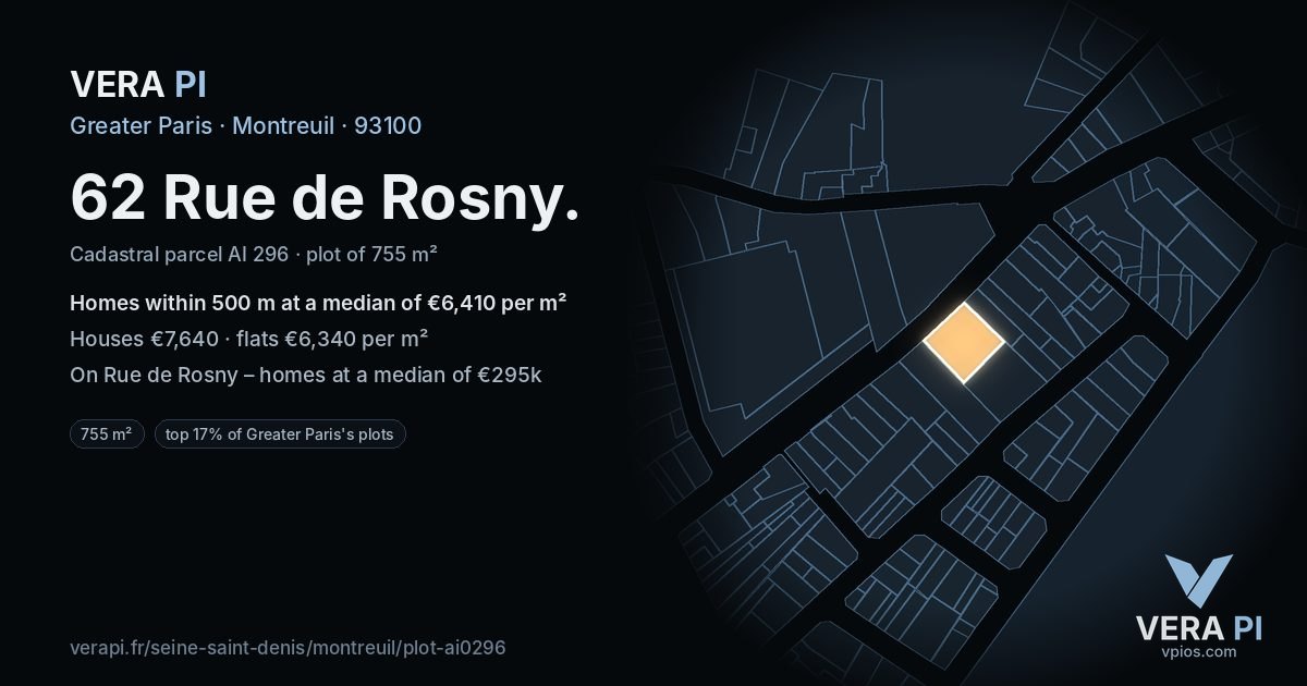 62 Rue de Rosny, Montreuil at night – the plot lit, the parcels around coloured by the prices near them