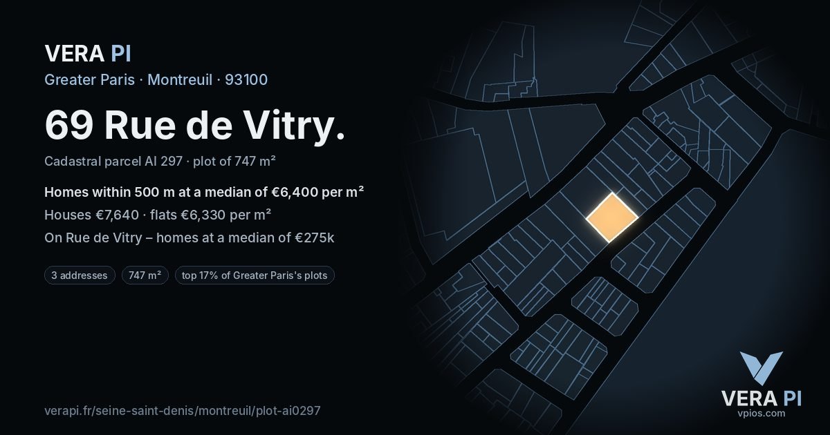 69 Rue de Vitry, Montreuil at night – the plot lit, the parcels around coloured by the prices near them