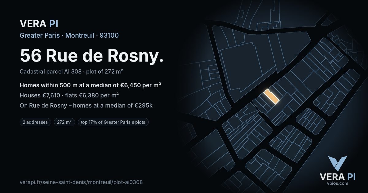 56 Rue de Rosny, Montreuil at night – the plot lit, the parcels around coloured by the prices near them