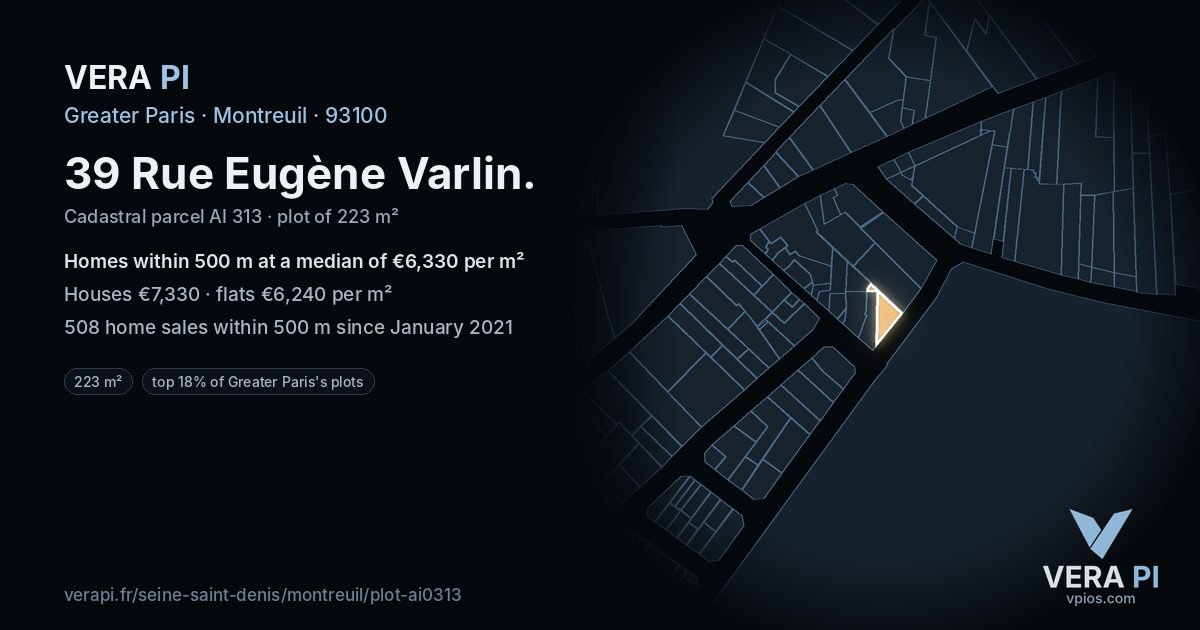 39 Rue Eugène Varlin, Montreuil at night – the plot lit, the parcels around coloured by the prices near them