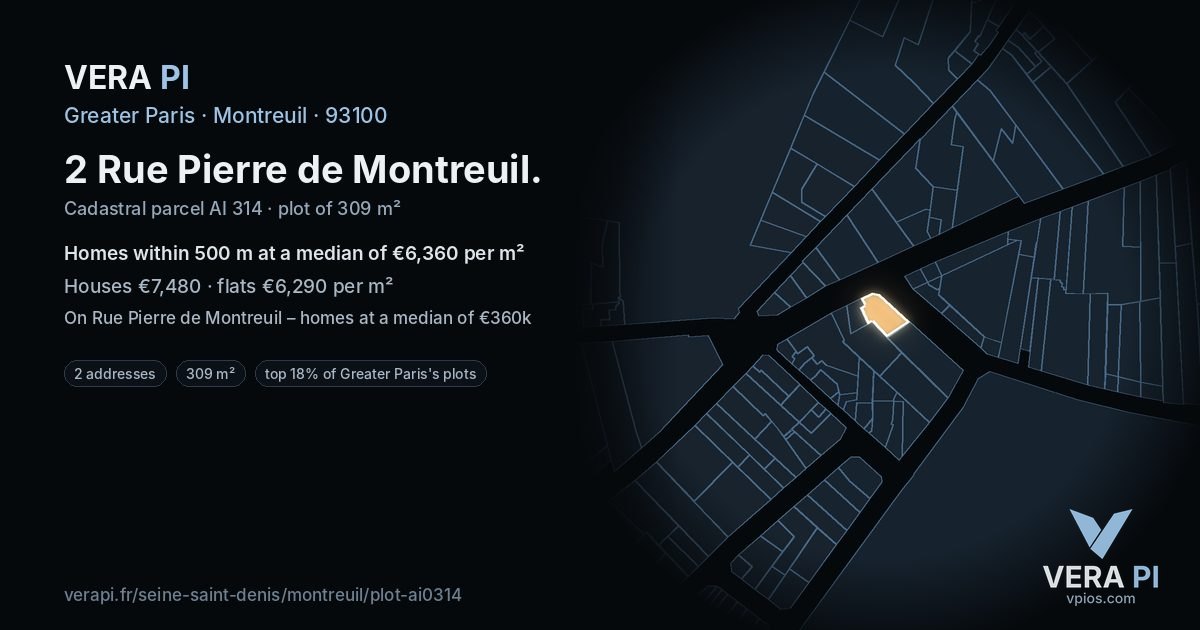 2 Rue Pierre de Montreuil, Montreuil at night – the plot lit, the parcels around coloured by the prices near them
