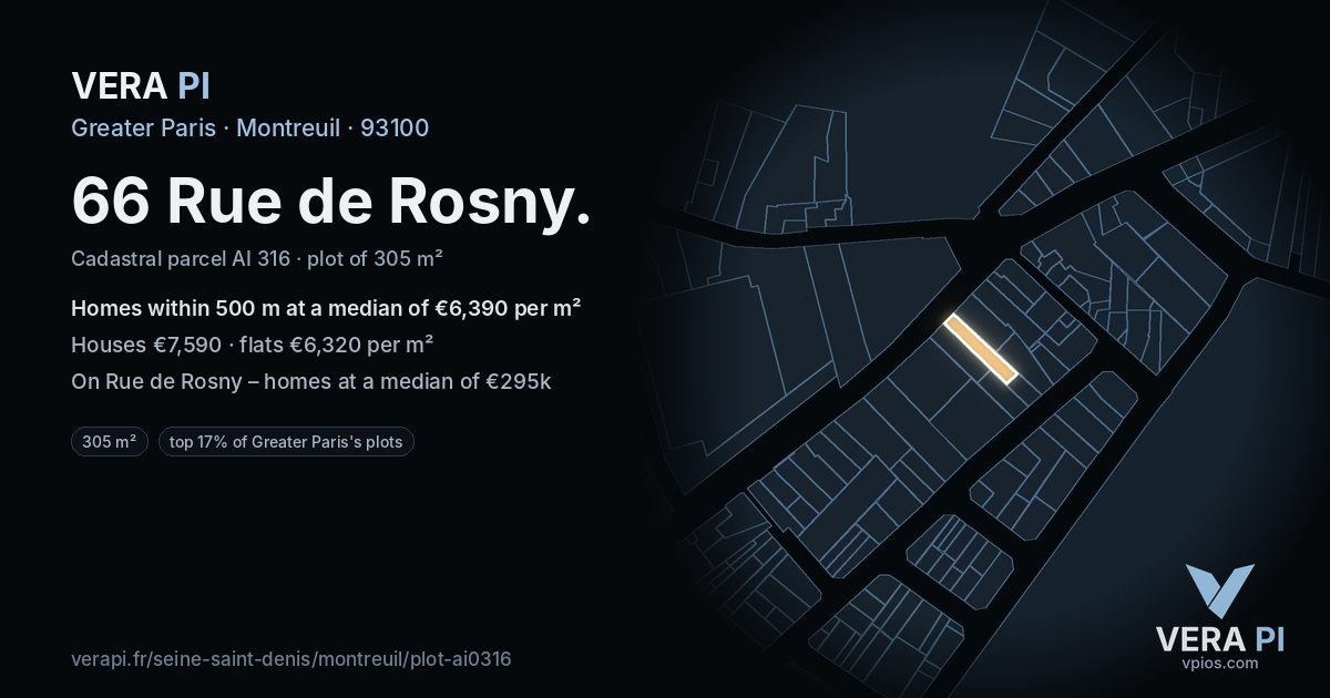 66 Rue de Rosny, Montreuil at night – the plot lit, the parcels around coloured by the prices near them