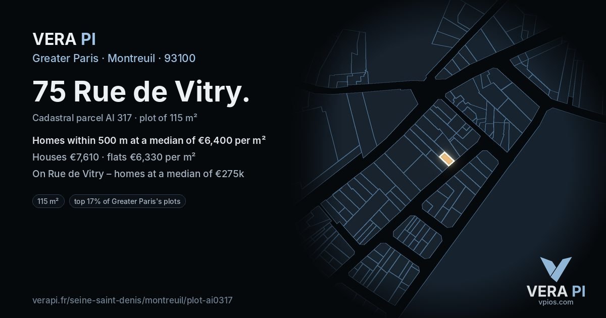 75 Rue de Vitry, Montreuil at night – the plot lit, the parcels around coloured by the prices near them