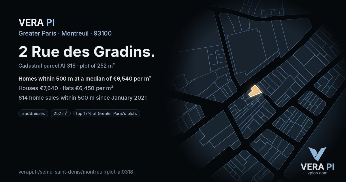 2 Rue des Gradins, Montreuil at night – the plot lit, the parcels around coloured by the prices near them