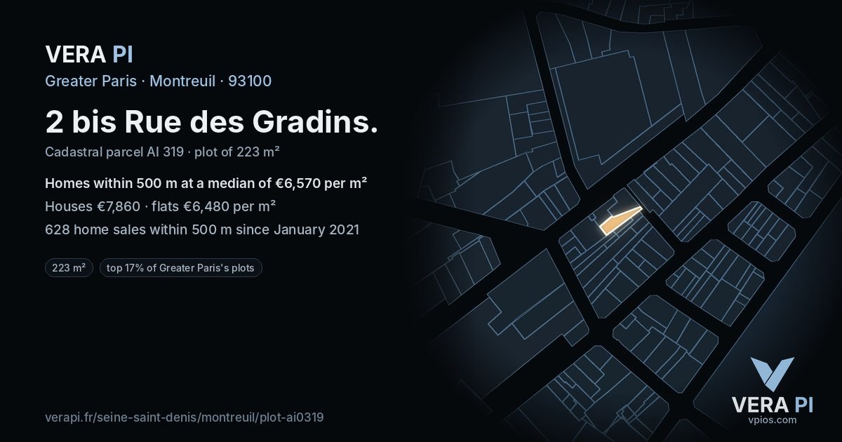2 bis Rue des Gradins, Montreuil at night – the plot lit, the parcels around coloured by the prices near them