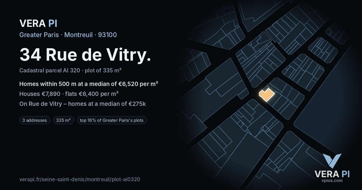 34 Rue de Vitry, Montreuil at night – the plot lit, the parcels around coloured by the prices near them