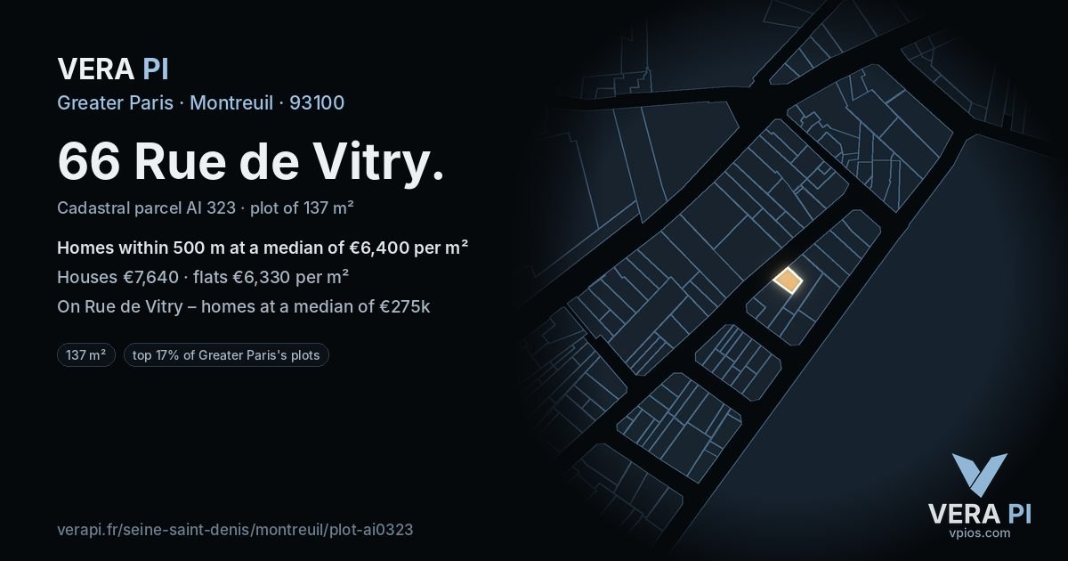 66 Rue de Vitry, Montreuil at night – the plot lit, the parcels around coloured by the prices near them