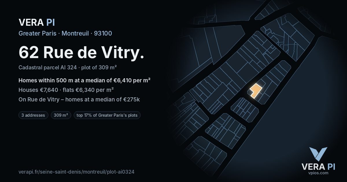 62 Rue de Vitry, Montreuil at night – the plot lit, the parcels around coloured by the prices near them