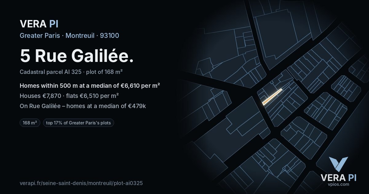 5 Rue Galilée, Montreuil at night – the plot lit, the parcels around coloured by the prices near them