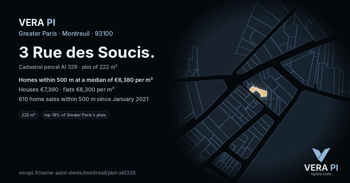 3 Rue des Soucis, Montreuil at night – the plot lit, the parcels around coloured by the prices near them
