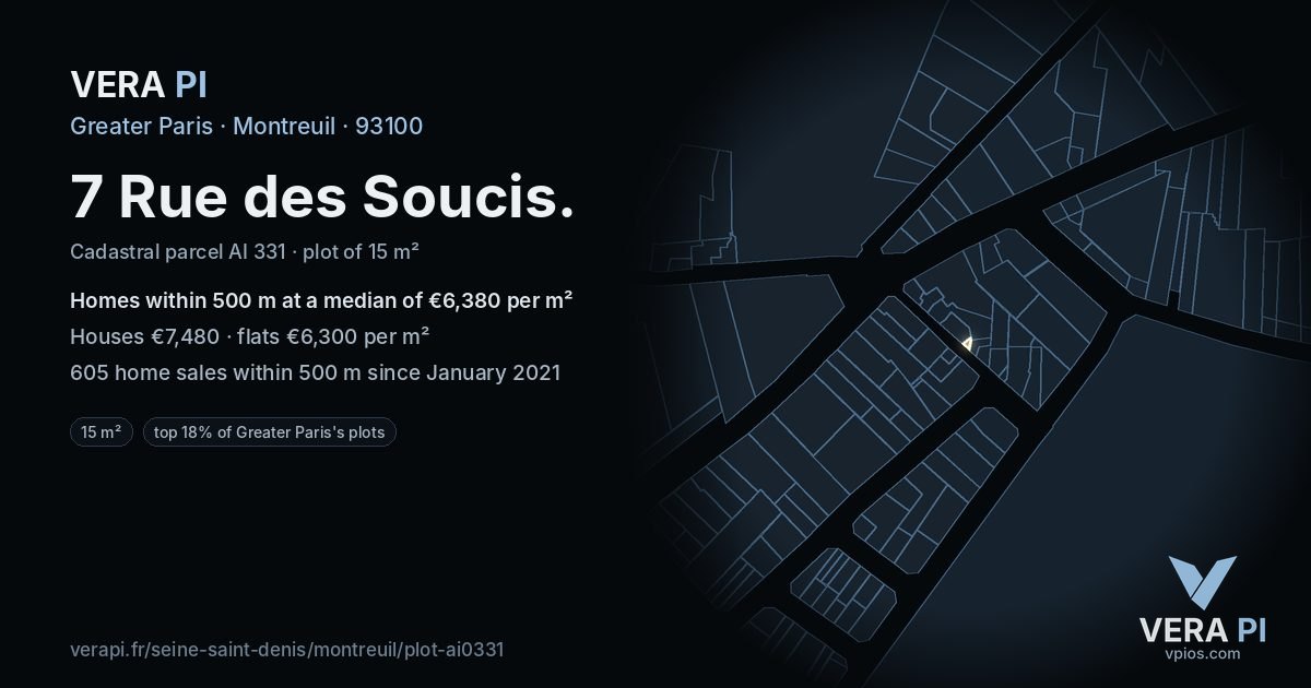 7 Rue des Soucis, Montreuil at night – the plot lit, the parcels around coloured by the prices near them
