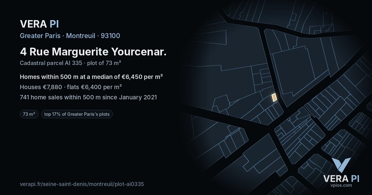 4 Rue Marguerite Yourcenar, Montreuil at night – the plot lit, the parcels around coloured by the prices near them
