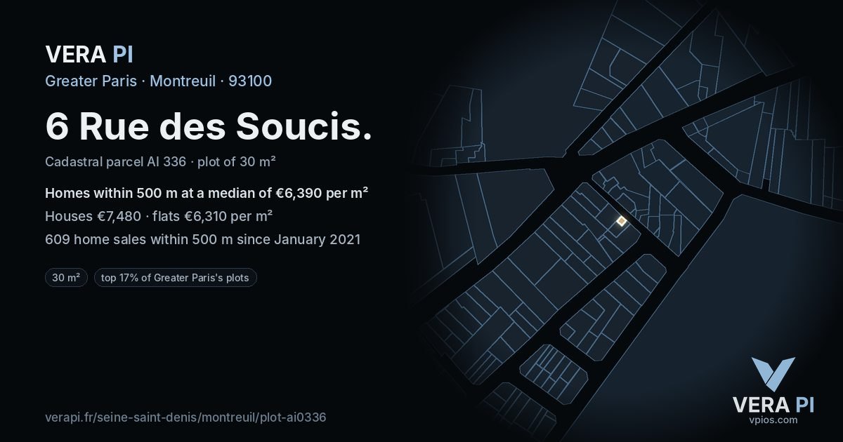 6 Rue des Soucis, Montreuil at night – the plot lit, the parcels around coloured by the prices near them