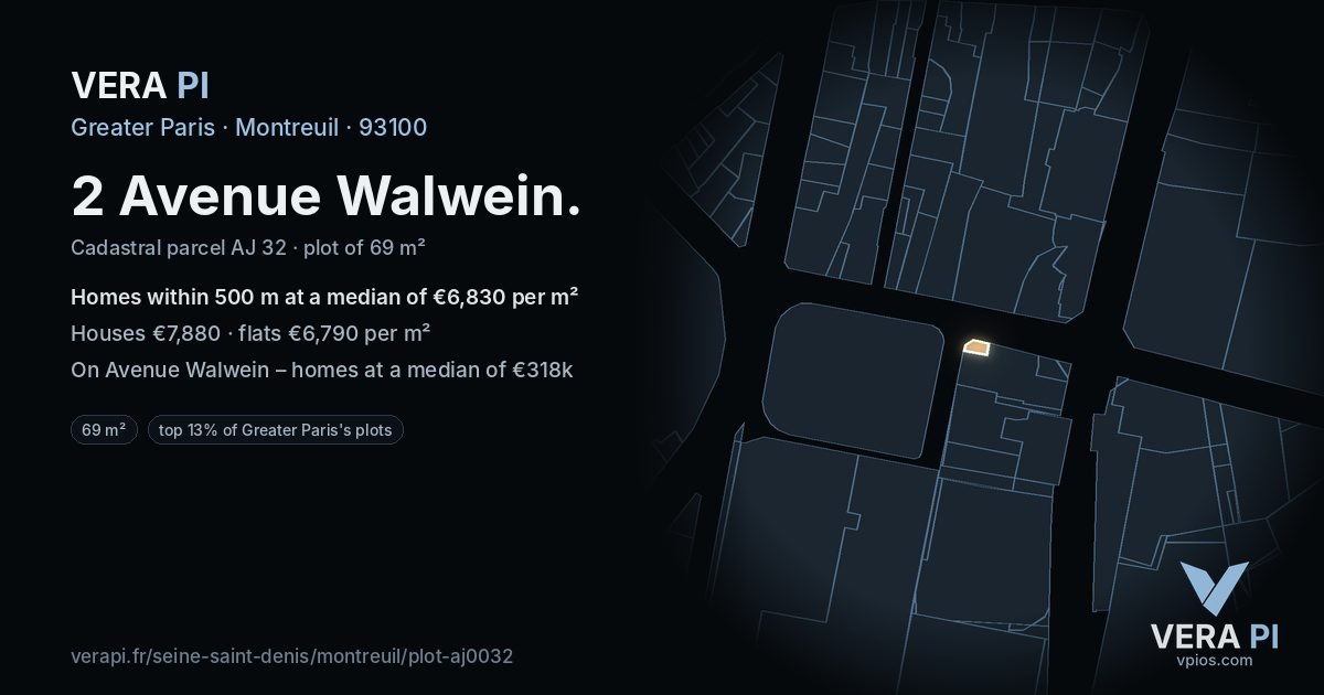 2 Avenue Walwein, Montreuil at night – the plot lit, the parcels around coloured by the prices near them