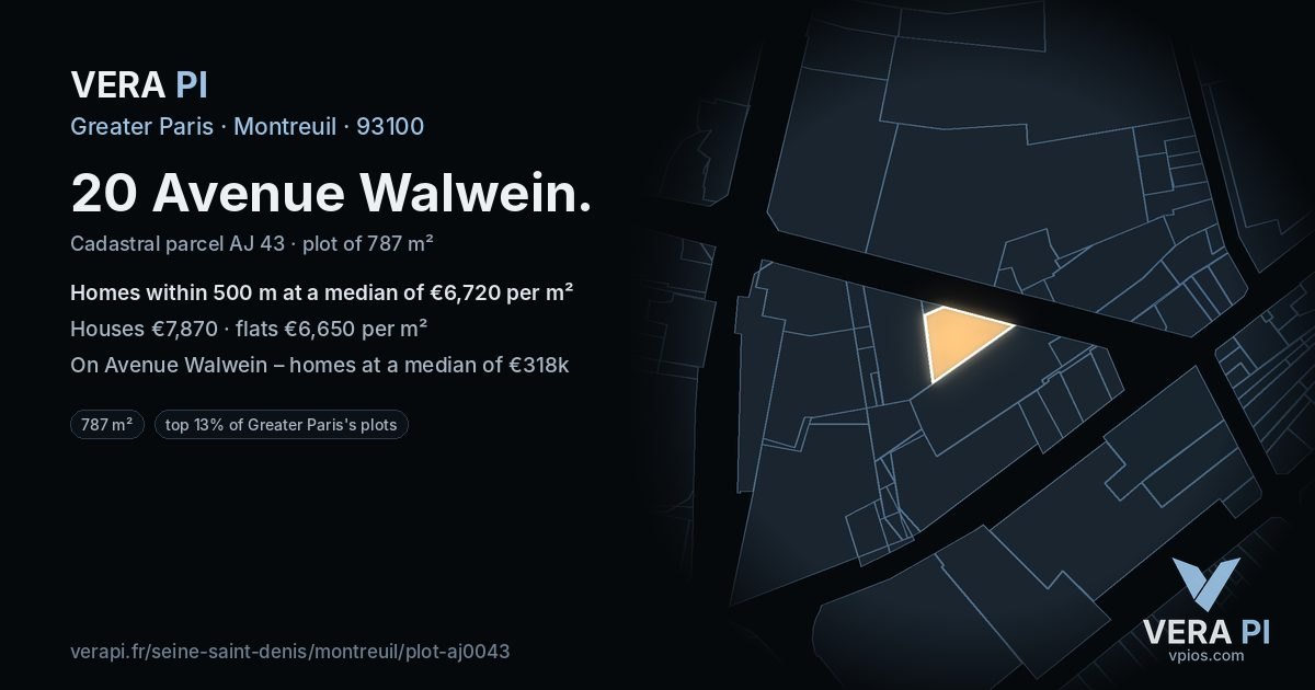 20 Avenue Walwein, Montreuil at night – the plot lit, the parcels around coloured by the prices near them
