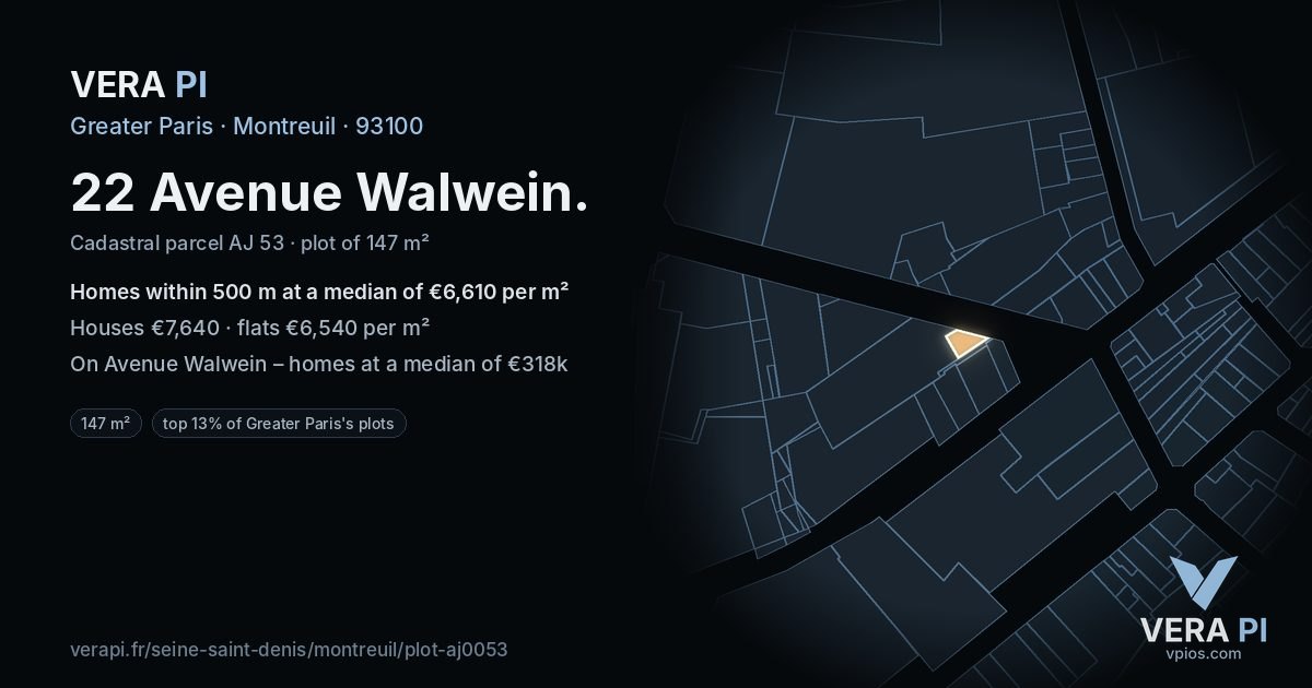 22 Avenue Walwein, Montreuil at night – the plot lit, the parcels around coloured by the prices near them
