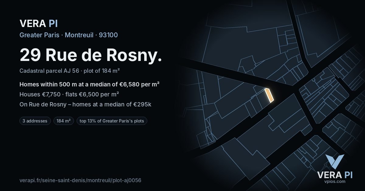 29 Rue de Rosny, Montreuil at night – the plot lit, the parcels around coloured by the prices near them