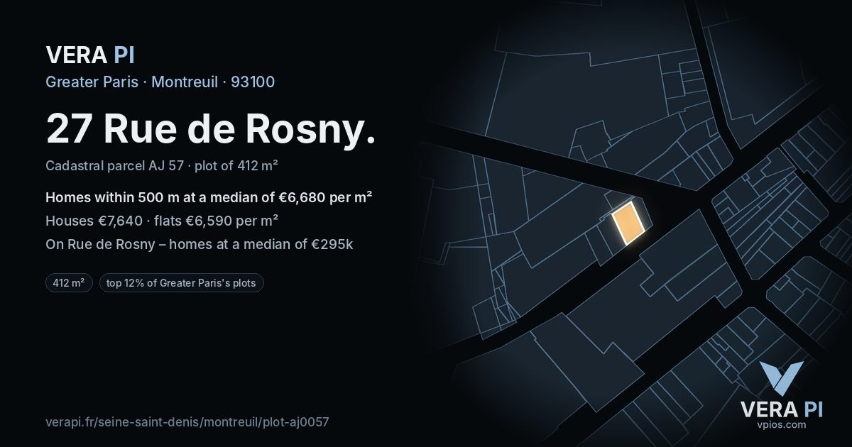27 Rue de Rosny, Montreuil at night – the plot lit, the parcels around coloured by the prices near them