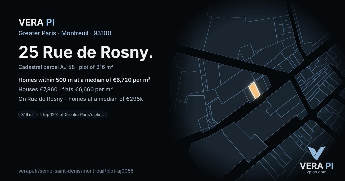 25 Rue de Rosny, Montreuil at night – the plot lit, the parcels around coloured by the prices near them