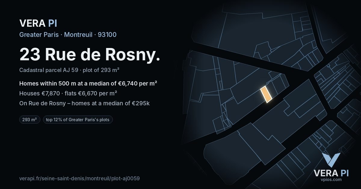 23 Rue de Rosny, Montreuil at night – the plot lit, the parcels around coloured by the prices near them