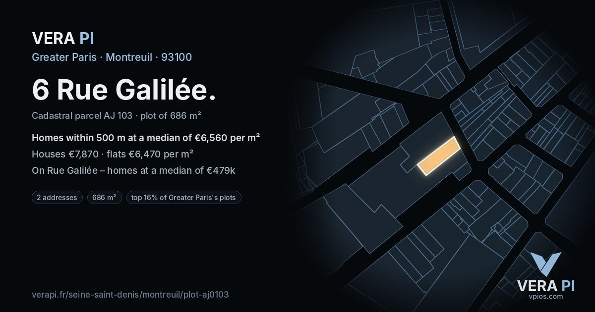 6 Rue Galilée, Montreuil at night – the plot lit, the parcels around coloured by the prices near them