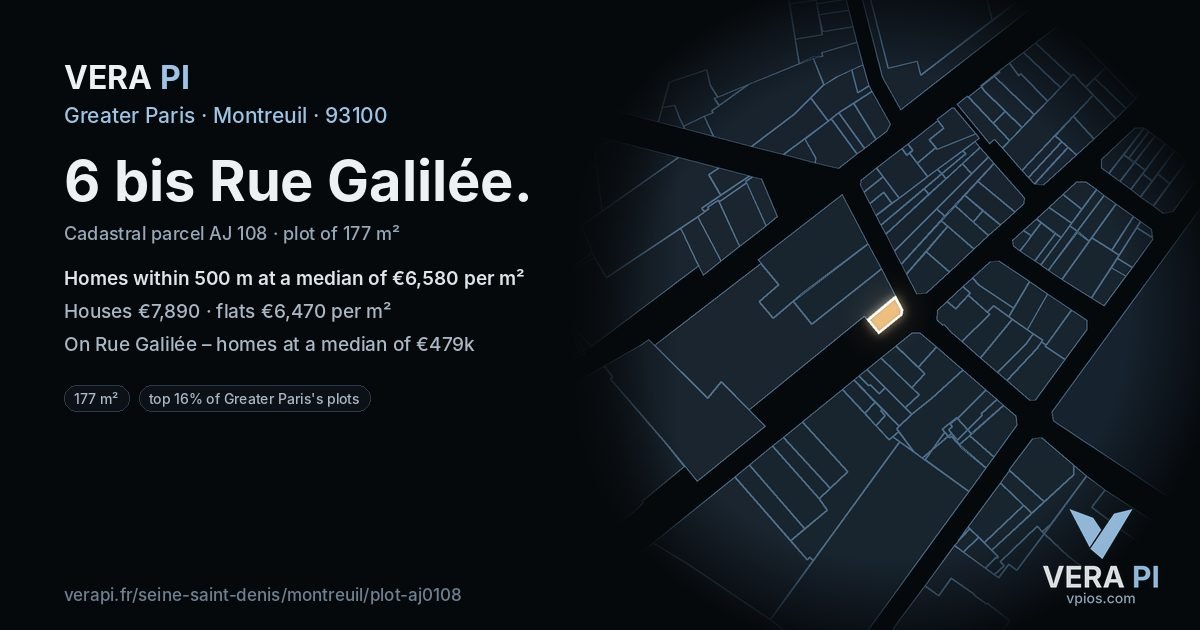 6 bis Rue Galilée, Montreuil at night – the plot lit, the parcels around coloured by the prices near them