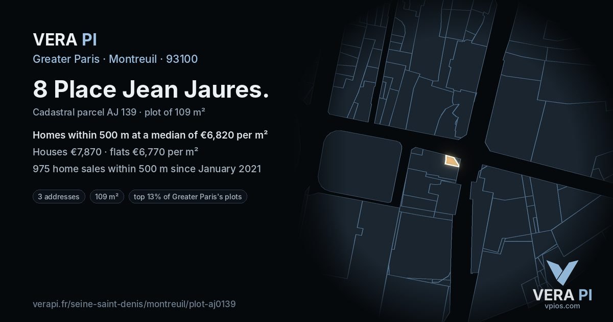 8 Place Jean Jaures, Montreuil at night – the plot lit, the parcels around coloured by the prices near them