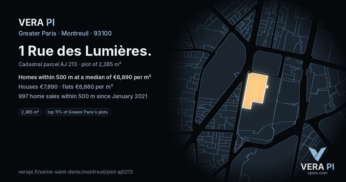 1 Rue des Lumières, Montreuil at night – the plot lit, the parcels around coloured by the prices near them