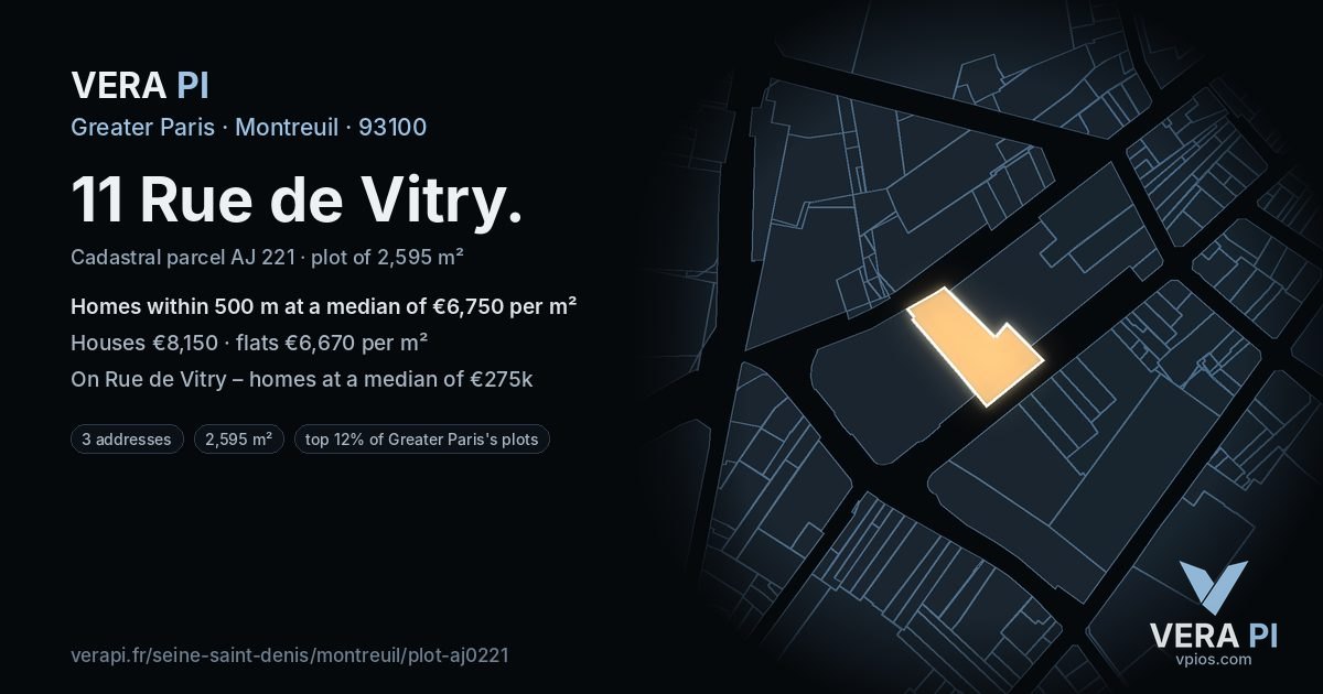 11 Rue de Vitry, Montreuil at night – the plot lit, the parcels around coloured by the prices near them