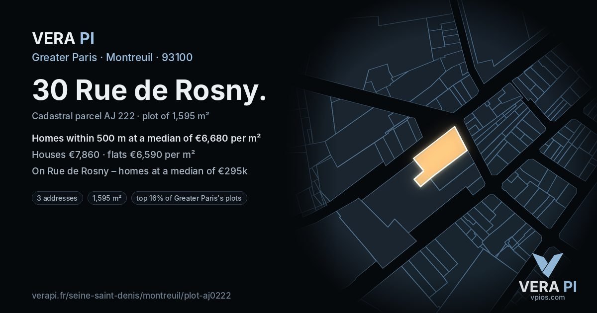 30 Rue de Rosny, Montreuil at night – the plot lit, the parcels around coloured by the prices near them