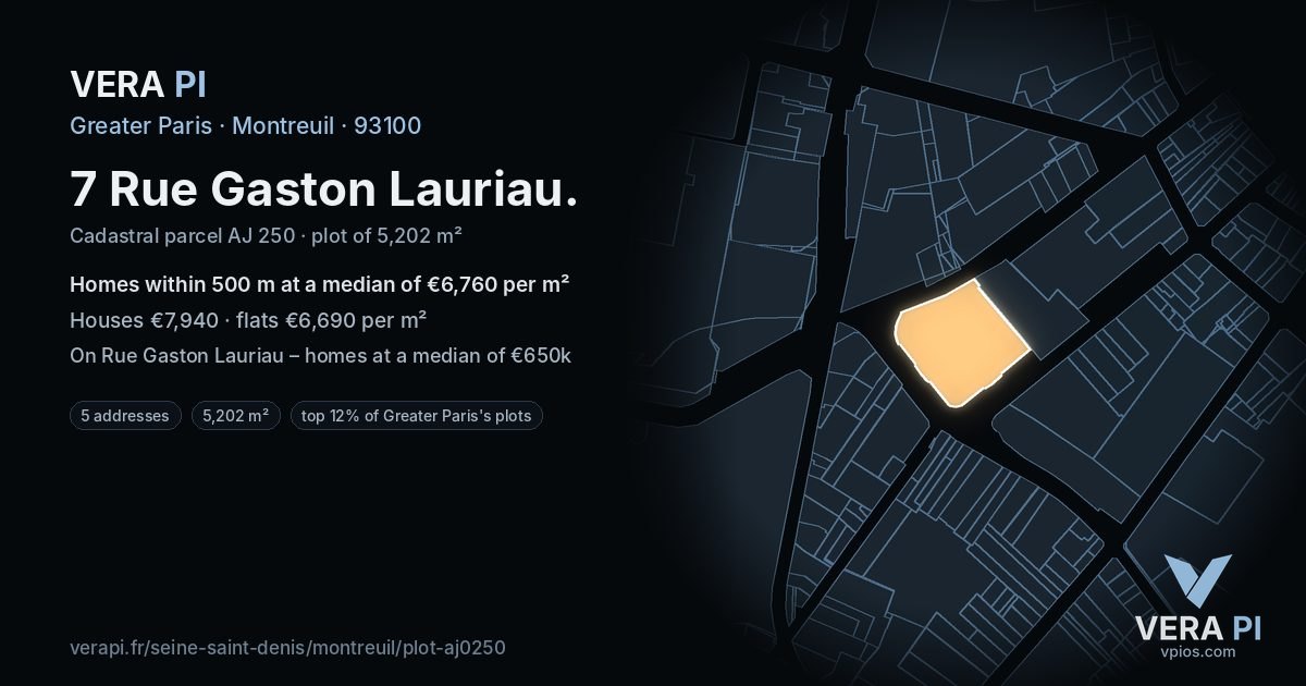 7 Rue Gaston Lauriau, Montreuil at night – the plot lit, the parcels around coloured by the prices near them