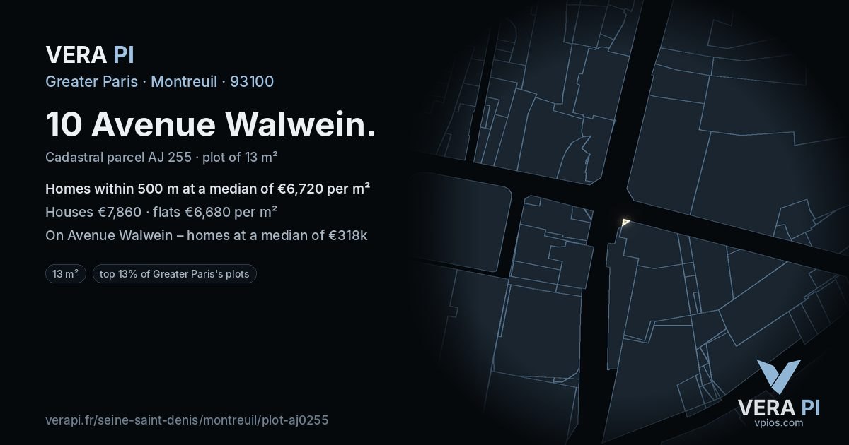 10 Avenue Walwein, Montreuil at night – the plot lit, the parcels around coloured by the prices near them