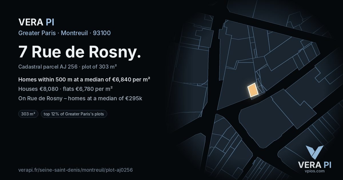 7 Rue de Rosny, Montreuil at night – the plot lit, the parcels around coloured by the prices near them