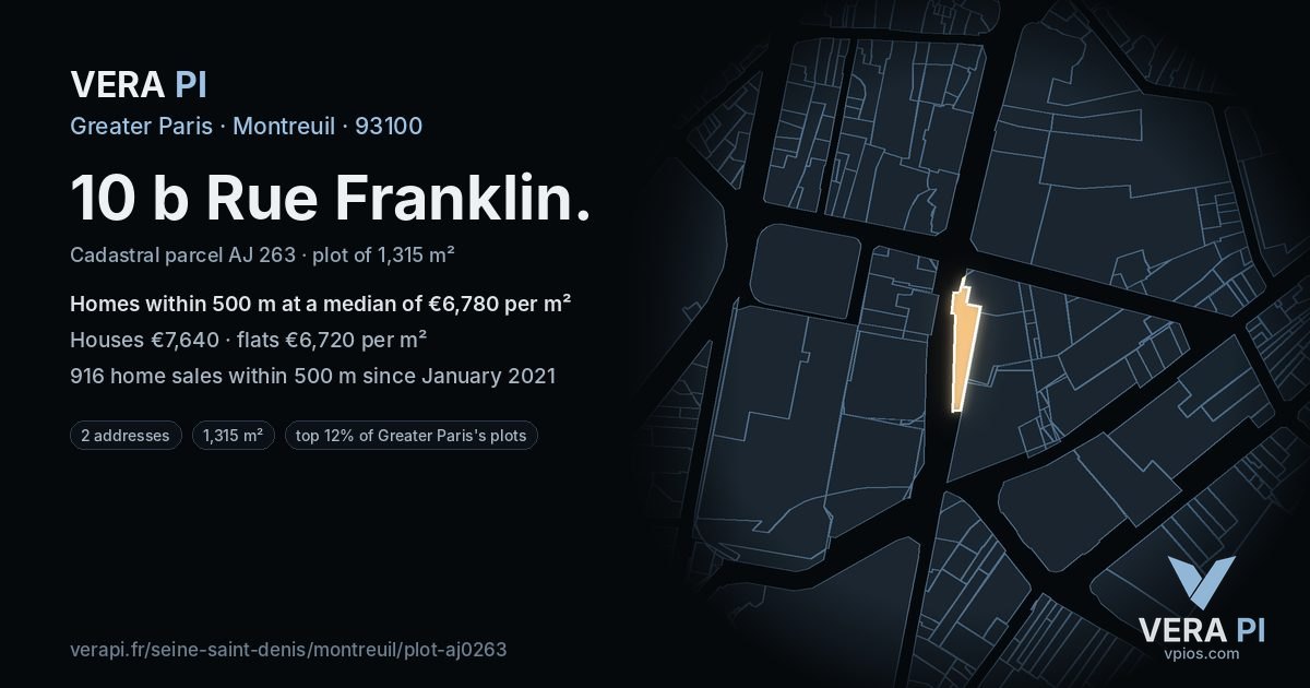 10 b Rue Franklin, Montreuil at night – the plot lit, the parcels around coloured by the prices near them