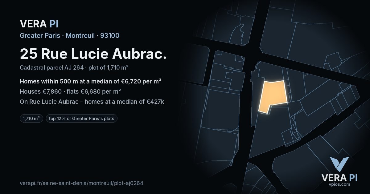 25 Rue Lucie Aubrac, Montreuil at night – the plot lit, the parcels around coloured by the prices near them