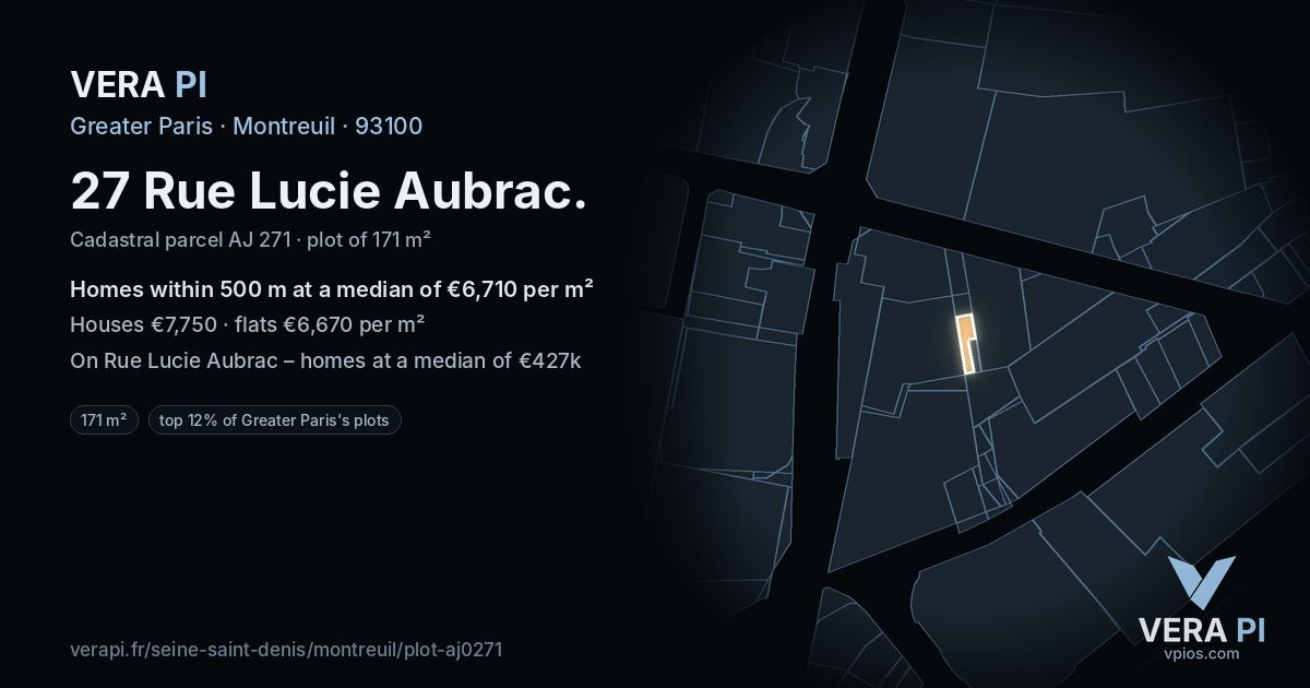 27 Rue Lucie Aubrac, Montreuil at night – the plot lit, the parcels around coloured by the prices near them