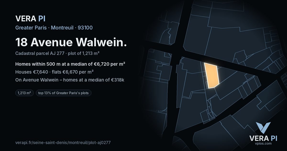 18 Avenue Walwein, Montreuil at night – the plot lit, the parcels around coloured by the prices near them