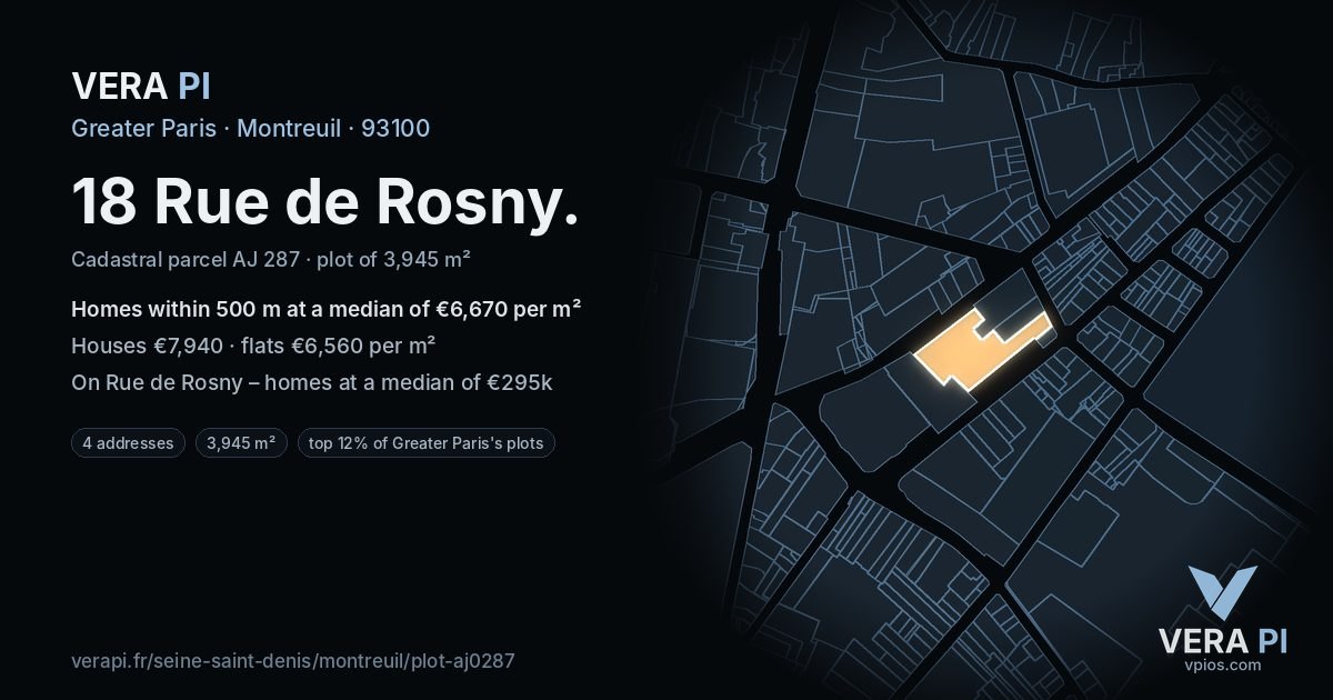18 Rue de Rosny, Montreuil at night – the plot lit, the parcels around coloured by the prices near them