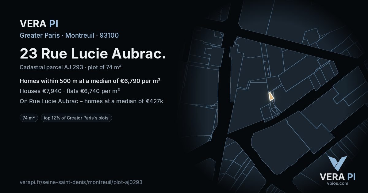 23 Rue Lucie Aubrac, Montreuil at night – the plot lit, the parcels around coloured by the prices near them