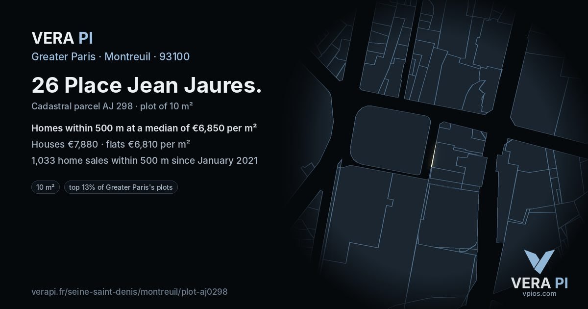 26 Place Jean Jaures, Montreuil at night – the plot lit, the parcels around coloured by the prices near them