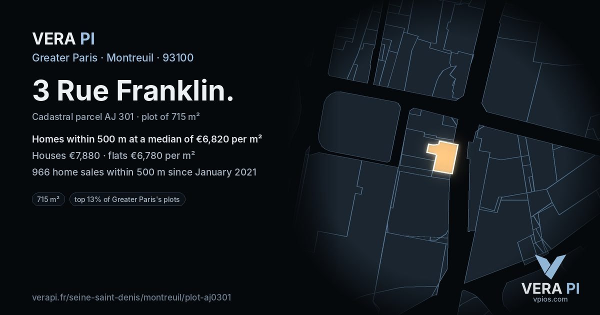 3 Rue Franklin, Montreuil at night – the plot lit, the parcels around coloured by the prices near them