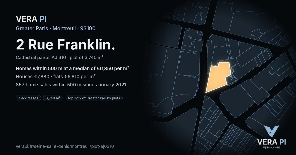 2 Rue Franklin, Montreuil at night – the plot lit, the parcels around coloured by the prices near them